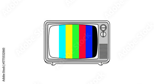 A vintage television with a test pattern on the screen against a plain white background in a flat lay composition.