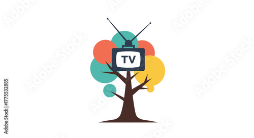 A colorful tree with a television set on its trunk and antennae on top, set against a clean white background with a mix of green, orange, and yellow leaves.