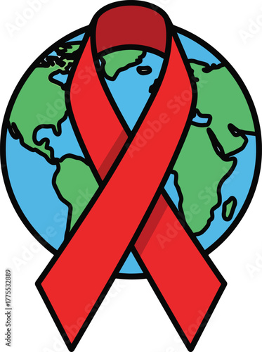 Illustration of a red awareness ribbon wrapped around a cartoon globe on a white background.