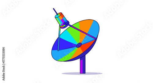 A colorful satellite dish with a vibrant, multicolored pattern on its surface, standing on a purple stand against a clean white background with a shallow depth of field.