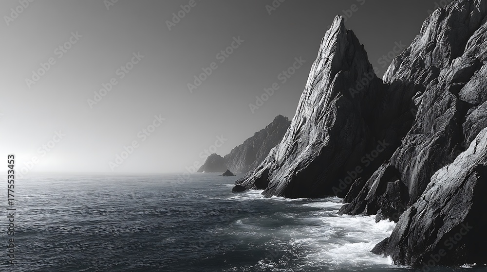 Obraz premium Monochrome minimal seascape of rugged ocean cliff, focusing on natural rock texture and contrast, with wide empty upper area perfect for modern banner or text layout design.
