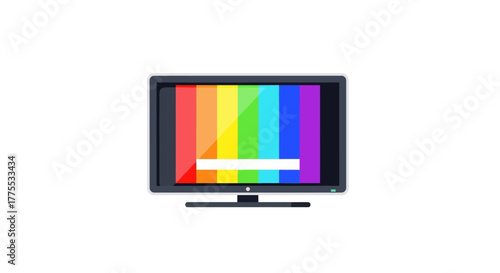 A flat-screen television displaying a vibrant rainbow-colored test pattern on a plain white background.
