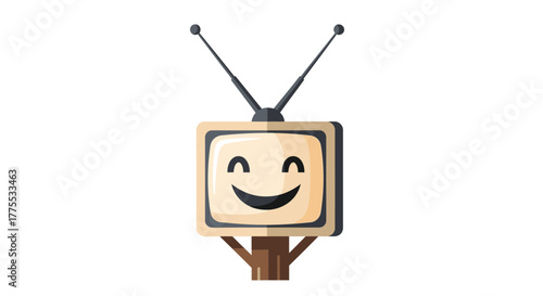 A cheerful vintage television with antennae and a smiley face on its screen stands on a wooden base against a plain white background.