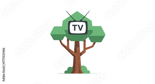 Flat design illustration of a tree with a television set in the foliage on a white background.
