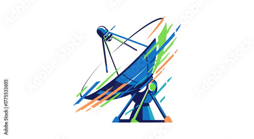 A colorful illustration of a satellite dish with blue, green, and orange lines on a white background.