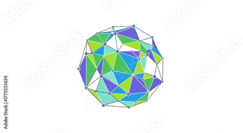 Geometric polyhedron model with colorful triangular facets on a white background, showcasing a complex structure.