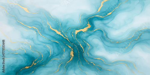 Abstract blue watercolor background of flowing paint texture like ocean waves on paper