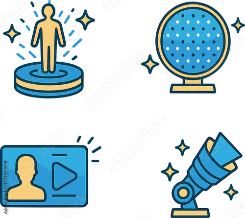 Set of futuristic technology icons. Teleport platform, telescope, sci-fi portal and media screen. Modern tech concept in clean colorful vector style, glowing elements, isolated on white.