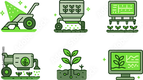 Set of smart farming icons. Modern agricultural technology illustrations with plants, sensors, machines, soil monitoring and automated irrigation. Clean vector style, green palette, white background.