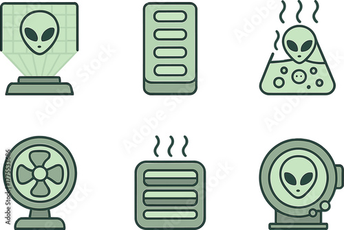 Set of alien technology icons. UFO heads, sci-fi devices, lab containers, energy screens and scanners. Futuristic extraterrestrial theme, clean pastel vector style, white background, isolated elements