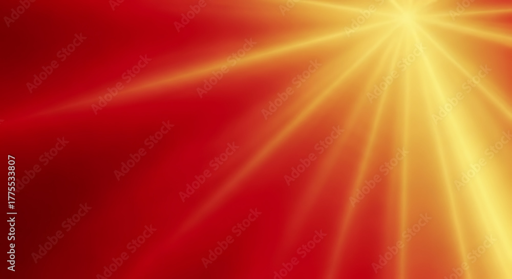 Obraz premium Radiating light beams on red background, abstract depiction of festive holiday season and glowing atmosphere. Light beams cascade from upper corner, creating effect of bright star or sun shining.