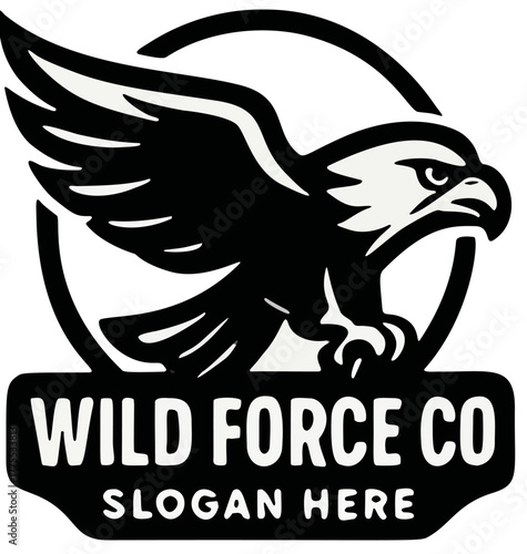 A stylized black and white logo featuring an eagle in flight, with text.