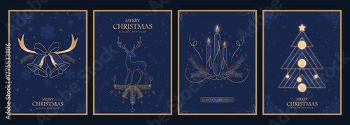 Modern Luxury Blue & Gold Christmas Vector Set — Ornaments, Geometric Pine, Gift Box & Star Motifs for Cards, Invitations & Social Media