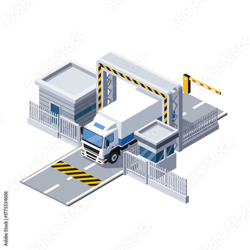 Vector Illustration of Lorry Passing Through Automated Entry Barrier