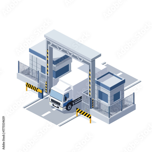 Cargo Logistics and Delivery Vehicle at Warehouse Security Entrance