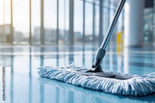 Wallpaper Mural Mop Cleaning Reflective Floor: A close-up view captures a mop in action, gliding across a freshly cleaned, shiny floor, highlighting the concept of cleanliness, maintenance. Torontodigital.ca