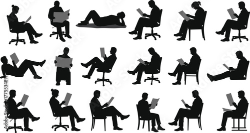 People Human Silhouette Reading Sitting Reclining Relax Book Document Literature Study Learning Education Knowledge Lifestyle Pose Vector Outline Drawing Illustration Art
