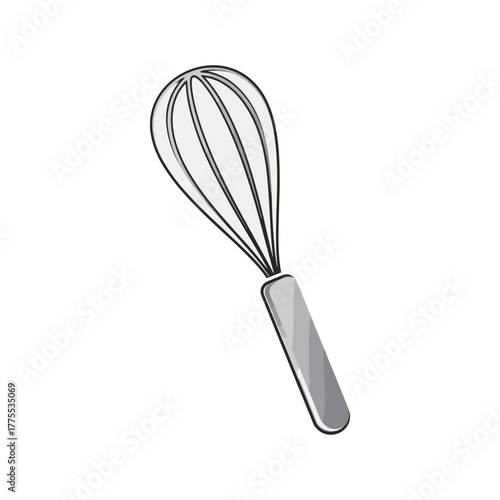 A simple illustration of a kitchen whisk with a gray handle and thin wire loops.