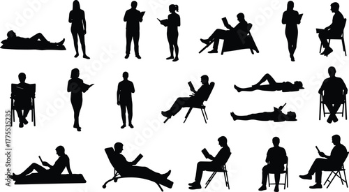 People Human Silhouette Reading Sitting Standing Reclining Book Tablet Literature Study Relax Learning Education Lifestyle Pose Vector Outline Drawing Illustration Art