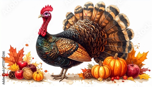 Illustrated Turkey with Cornucopia Pumpkins Pinecones and Autumn Leaves on White Background Symbolizing Thanksgiving Tradition Harvest Celebration and Editorial Seasonal Styling for Festive and Lifest