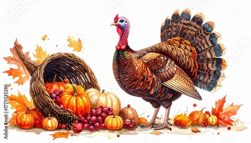 Illustrated Turkey with Cornucopia Pumpkins Pinecones and Autumn Leaves on White Background Symbolizing Thanksgiving Tradition Harvest Celebration and Editorial Seasonal Styling for Festive and Lifest