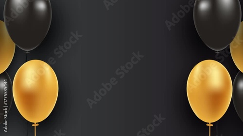 Elegant 4K footage of gold and black balloons rising as festive confetti and ribbons scatter down. A perfect celebration template for birthdays, New Year's, or graduations.