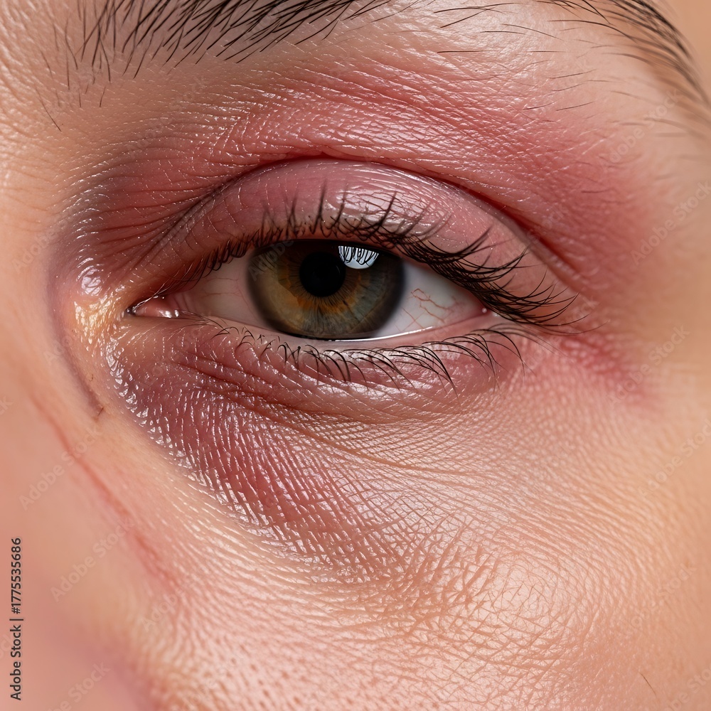 Obraz premium Close up of a human eye with pink eyeshadow and dark lashes.