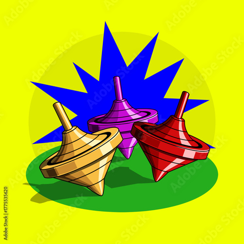 Three metal spinning tops collide against each other on a yellow background. Perfect for celebrating International Top Spinning Day on October