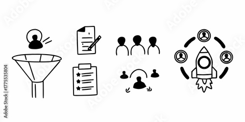 Illustration showing lead generation funnel, documents, team, delegation, and rocket launch concept on transparent background