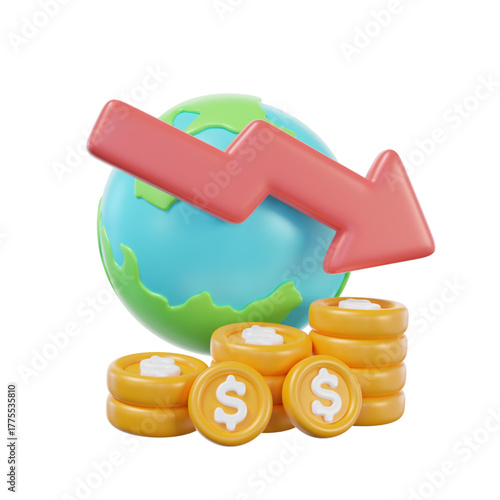 A 3D rendering symbolizing a global economic recession, featuring a red downward arrow over the planet Earth with stacks of dollar coins representing financial crisis