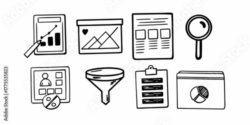 Hand drawn business analytics icons including charts graphs funnel and magnifying glass in black and white on transparent background
