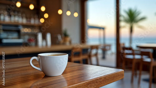 Wallpaper Mural Morning coffee enjoyment at seaside cafe with palm view Torontodigital.ca