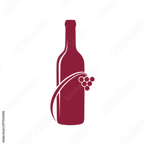 A maroon-colored illustration of a wine bottle with a curved line and a bunch of grapes.