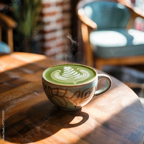 matcha latte with latte art in cozy café, steaming matcha latte cup on wooden table, morning sunlight matcha latte photography