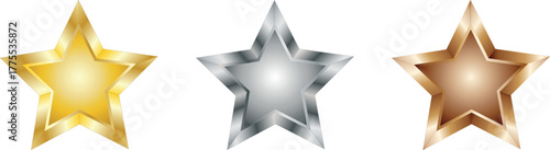 Golden, silver, and bronze stars isolated on white background. Glossy metallic symbols of rating, ranking, achievement, and success. Perfect for award, medal, or trophy design, PNG transparent.