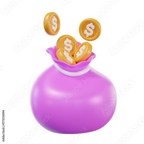 Vibrant 3D rendering of a plump purple money bag overflowing with shiny golden dollar coins, symbolizing financial growth, successful investment, wealth accumulation, and robust savings