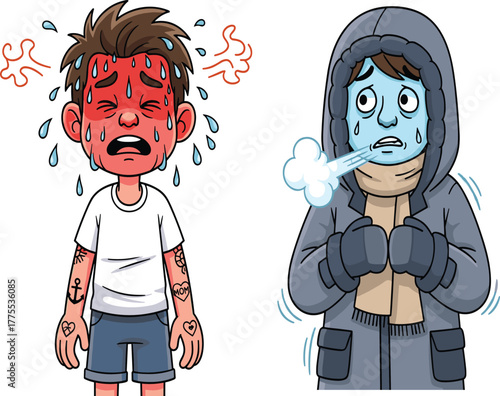 Cartoon boy suffering from extreme heat and sweating beside a boy shivering from cold, illustrating contrast, illness, and climate conditions.