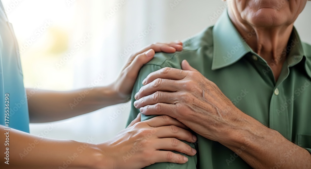 Fototapeta premium Close up of a senior man with a kind nurse putting her hands on his shoulder to comfort him at the hospital