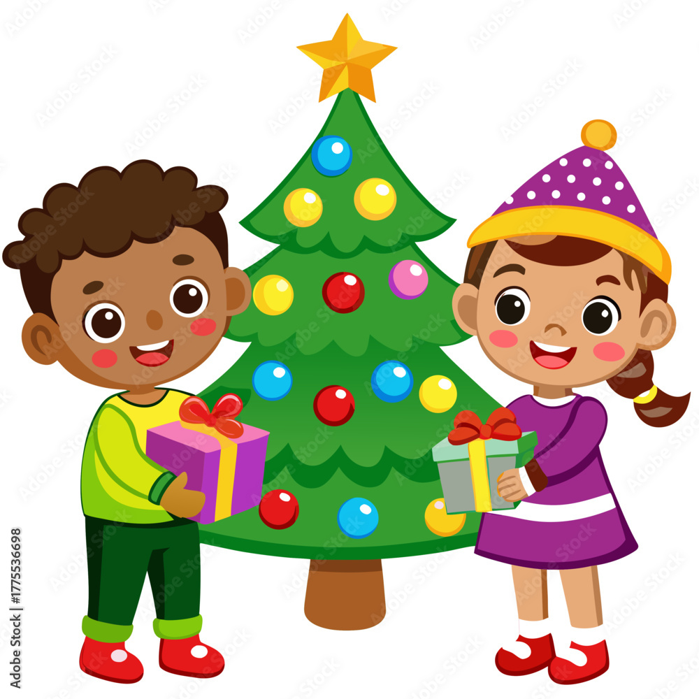 Fototapeta premium Adorable kids exchanging presents under a sparkling Christmas tree with colorful ornaments on white background.01