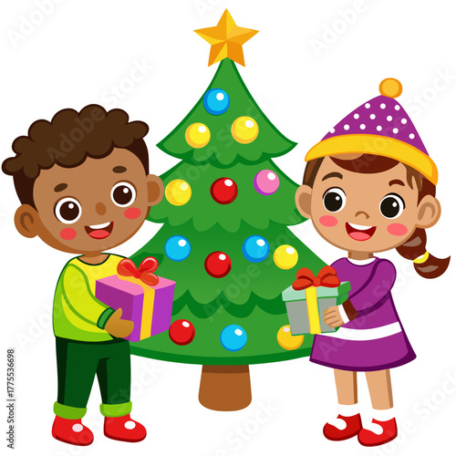 Adorable kids exchanging presents under a sparkling Christmas tree with colorful ornaments on white background.01