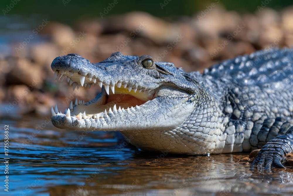 Fototapeta premium a crocodile basks on the bank of an african river, its mouth open and teeth showing.