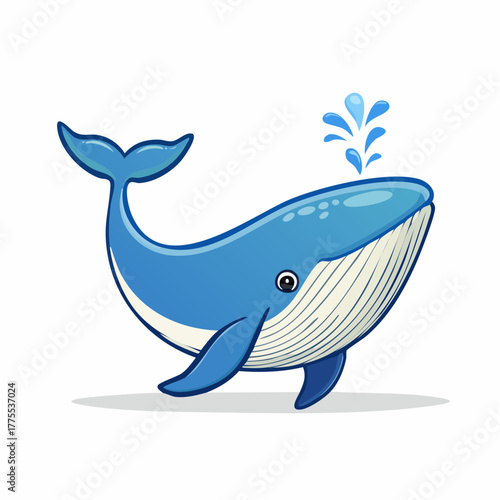 Cute cartoon blue whale spouting water from its blowhole, a friendly sea mammal character illustration isolated on a white background