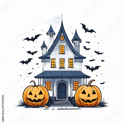 Cartoon illustration of a spooky haunted house decorated with glowing jack-o'-lanterns and surrounded by flying bats for Halloween