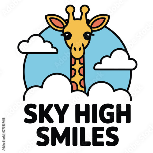 Adorable cartoon giraffe peeking over clouds with sky high smiles text.