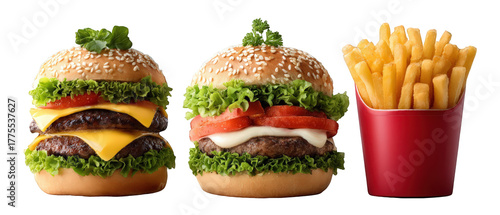 Delicious gourmet burgers with fresh ingredients and crispy fries on a clean background