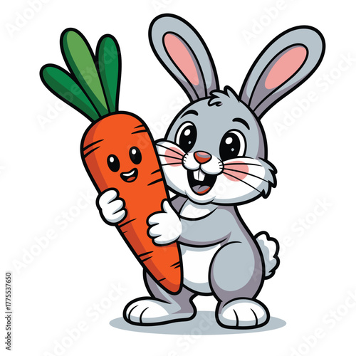 Adorable cartoon grey rabbit character holding a large fresh orange carrot.