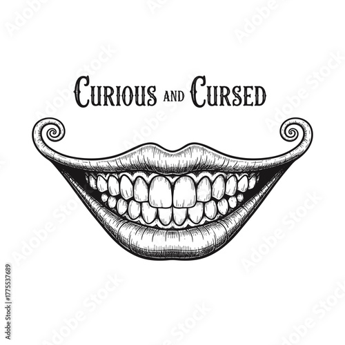 Illustrative smiling mouth with the text "Curious and Cursed"  