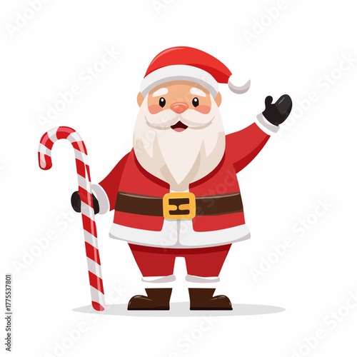 Cheerful Santa Claus character waving and holding a candy cane. A festive Christmas vector illustration on an isolated white background