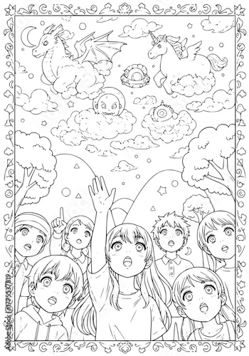 children fantasize about the similarity of clouds with mythical animals. coloring book