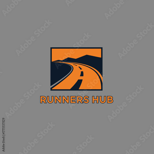 Minimalist road path logo design with mountain backdrop for runners hub